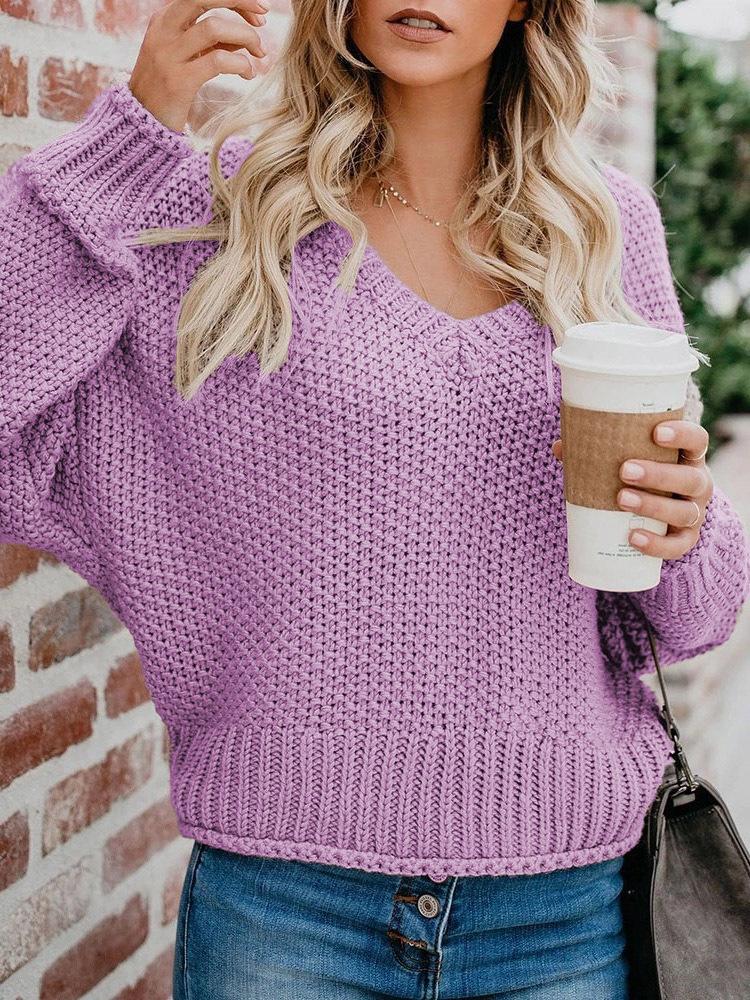 Women's Sweaters Loose V-Neck Long Sleeve Knitted Sweater - Cardigans & Sweaters - INS | Online Fashion Free Shipping Clothing, Dresses, Tops, Shoes - 20-30 - 25/10/2021 - Cardigans & Sweaters